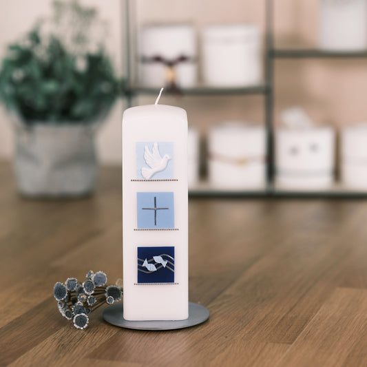 Taufkerze Romy - Rosis Kerzen blau / Quaderkerze 200/60/60 mm