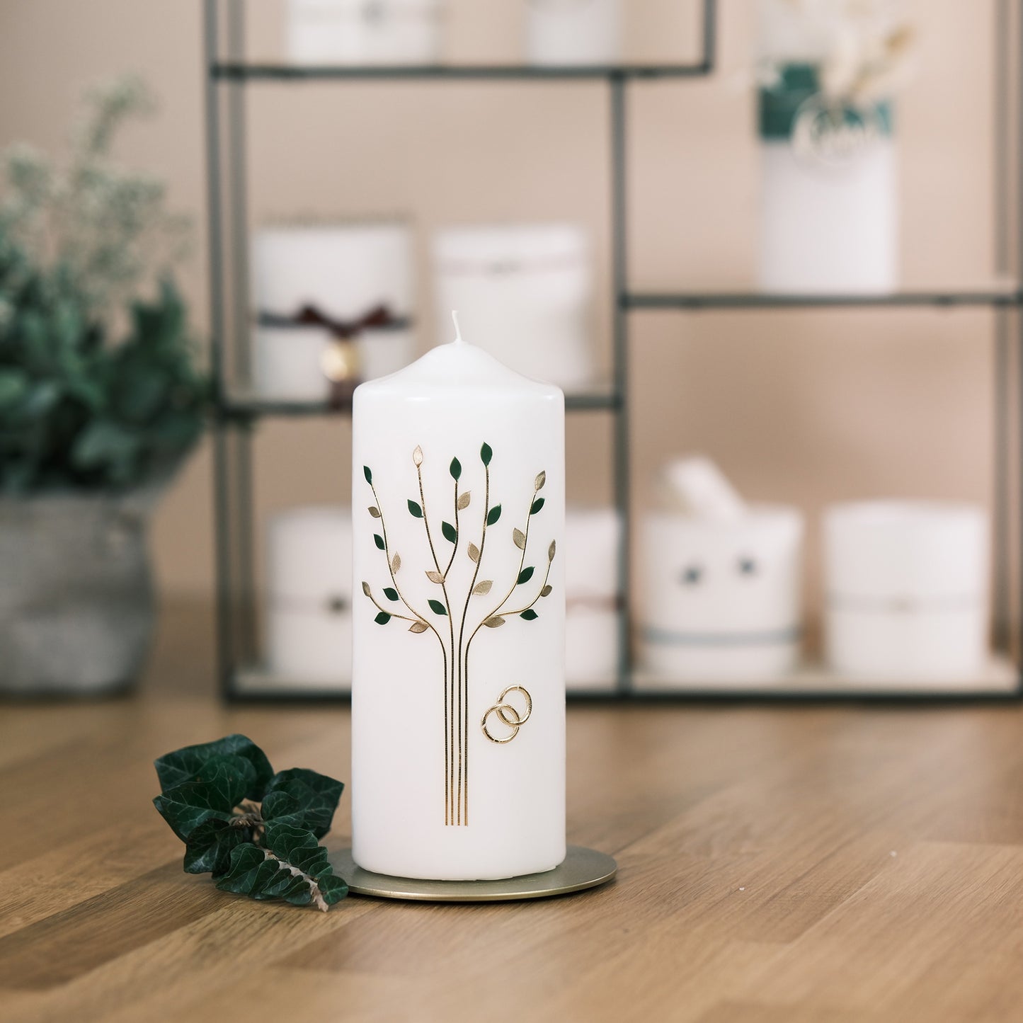 Hochzeitskerze mit Lebensbaum & Ringen - Rosis Kerzen gold