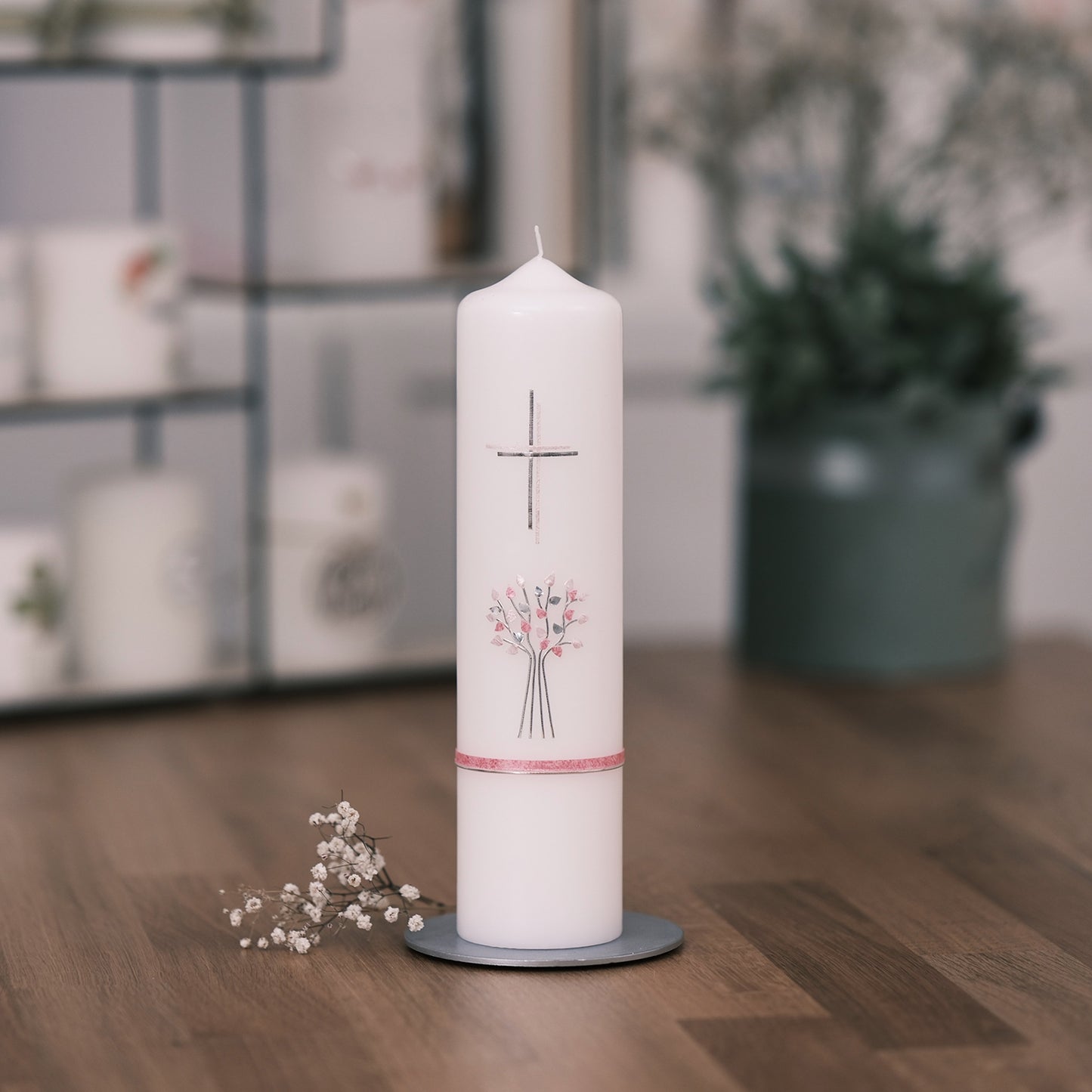 Taufkerze Theresa - Rosis Kerzen rosa / Stumpenkerze 250/60 mm