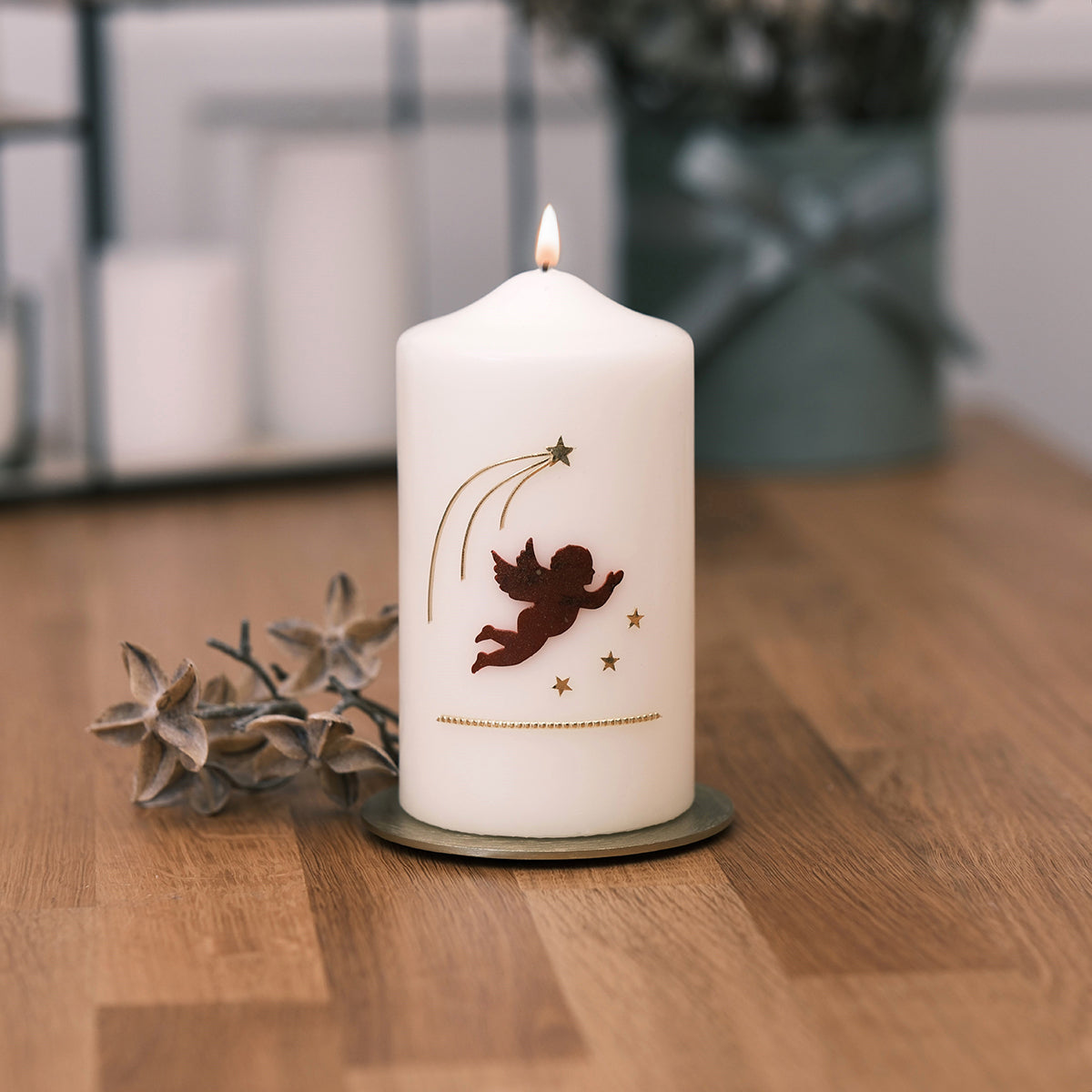 Weihnachtskerze mit Engel & Sternen