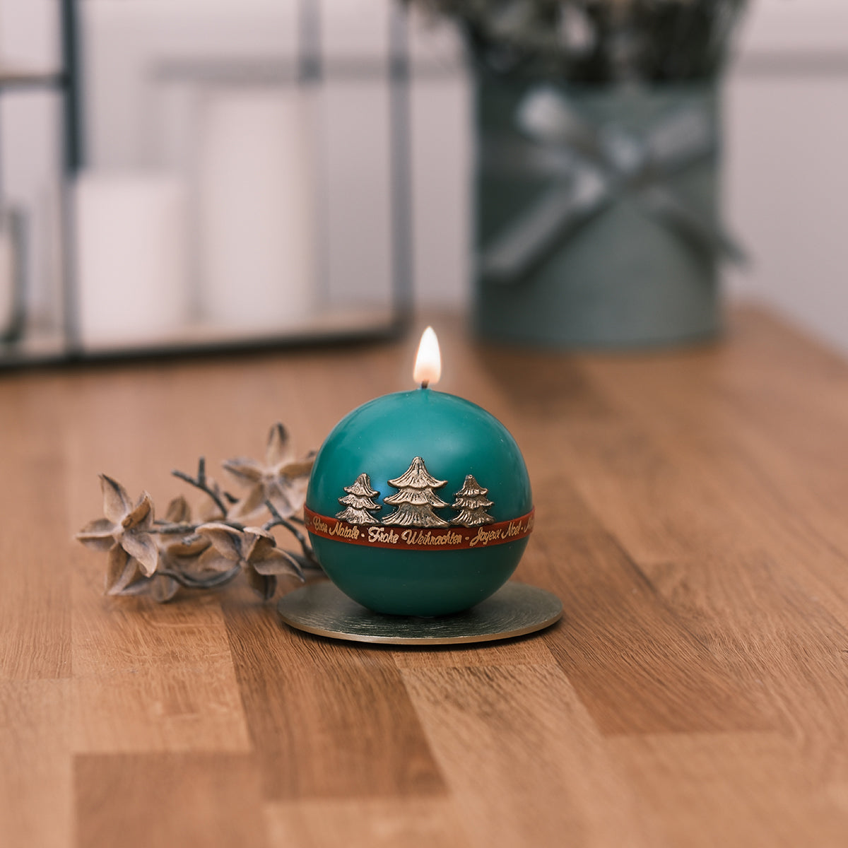 Weihnachtskerze mit goldenen Tannen & Spruch