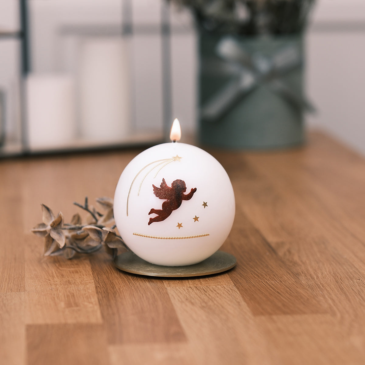 Kugelkerze mit Engel & Sternen - Rosis Kerzen groß (100mm)