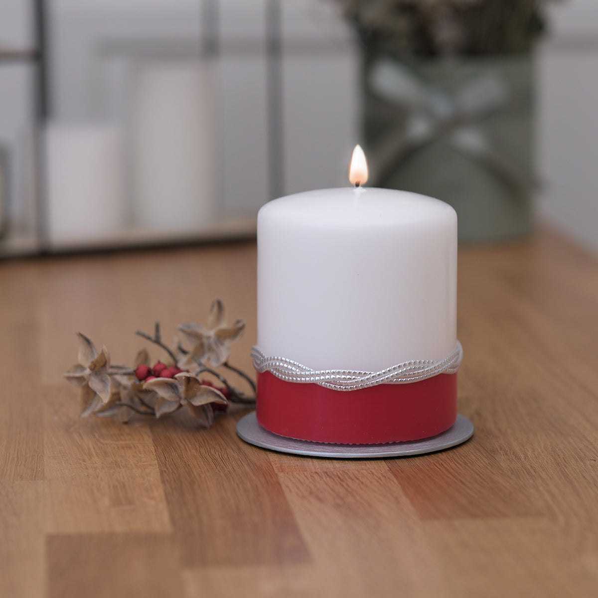 Kerze mit Silberverzierung - Rosis Kerzen Flachkopfstumpe (120/100mm)