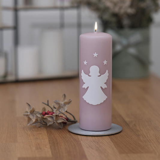 Winterkerze mit Engel - Rosis Kerzen Flachkopfstumpe (180/60mm)