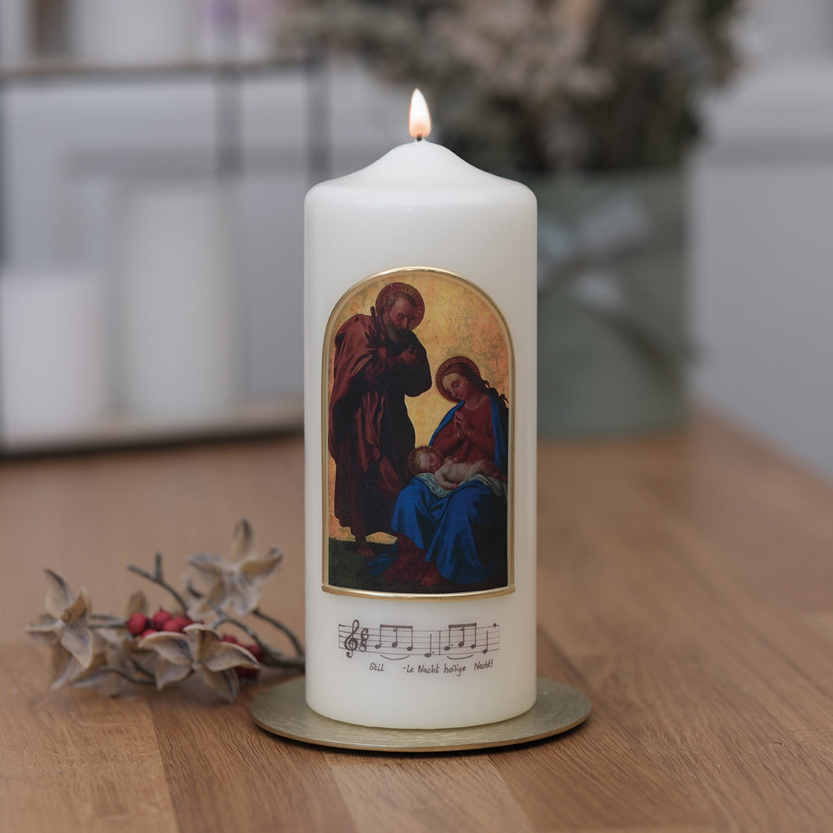 Weihnachtskerze mit Hl. Familie & Stille Nacht