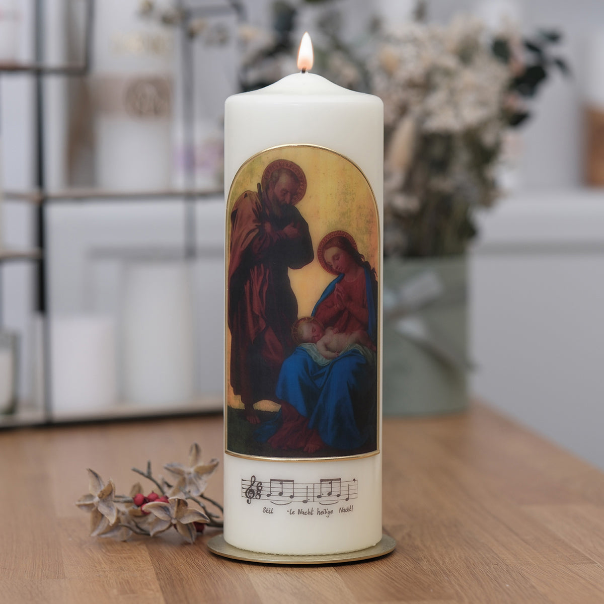 Weihnachtskerze mit Hl. Familie & Stille Nacht