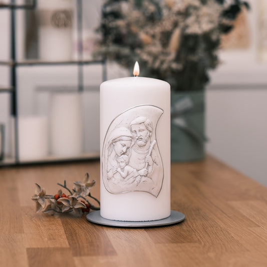 Kerze mit Hl. Familie - Rosis Kerzen Flachkopfstumpe weiß (200/100mm)