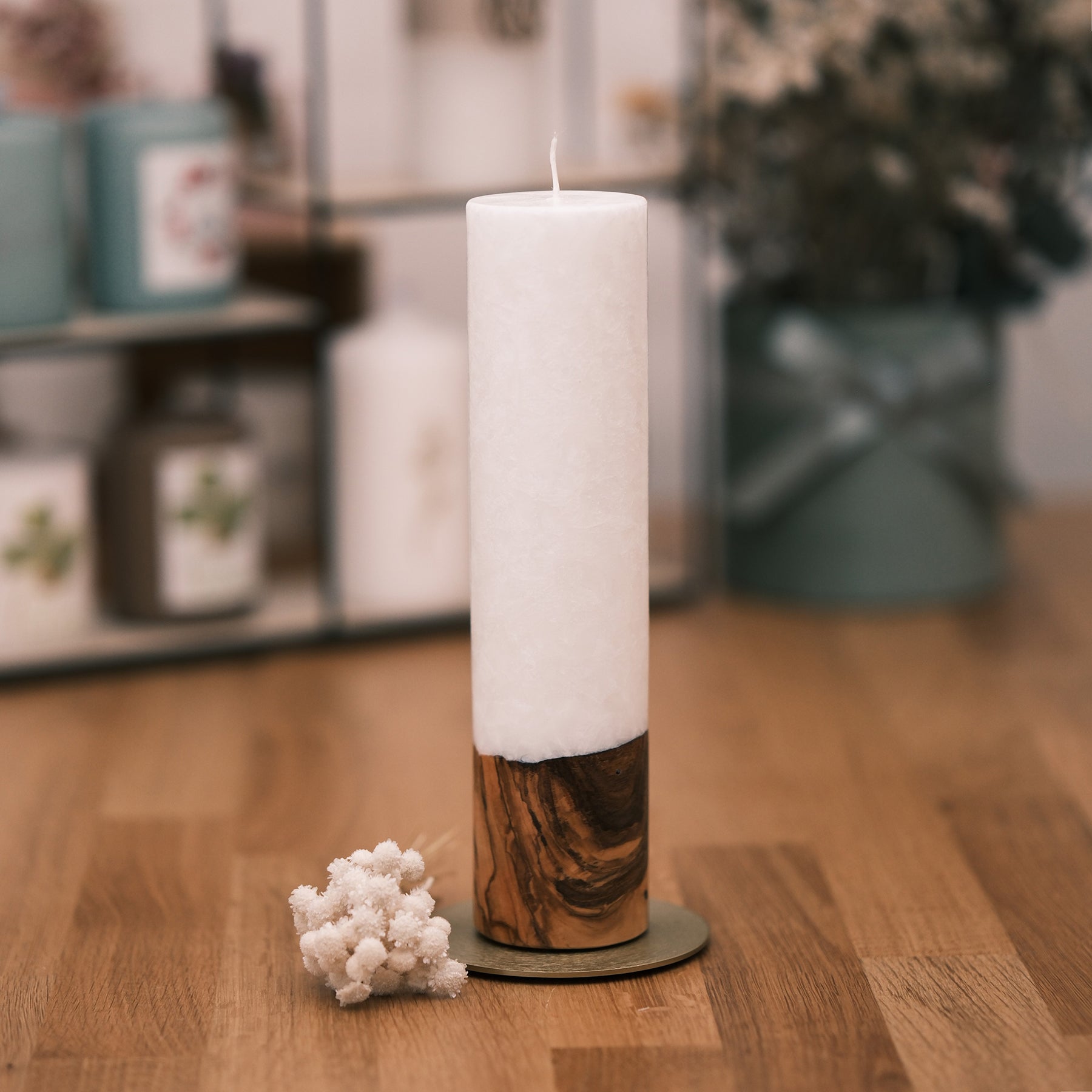 Stumpenkerze mit Holz & Docht 25x6cm – Rosis Kerzen