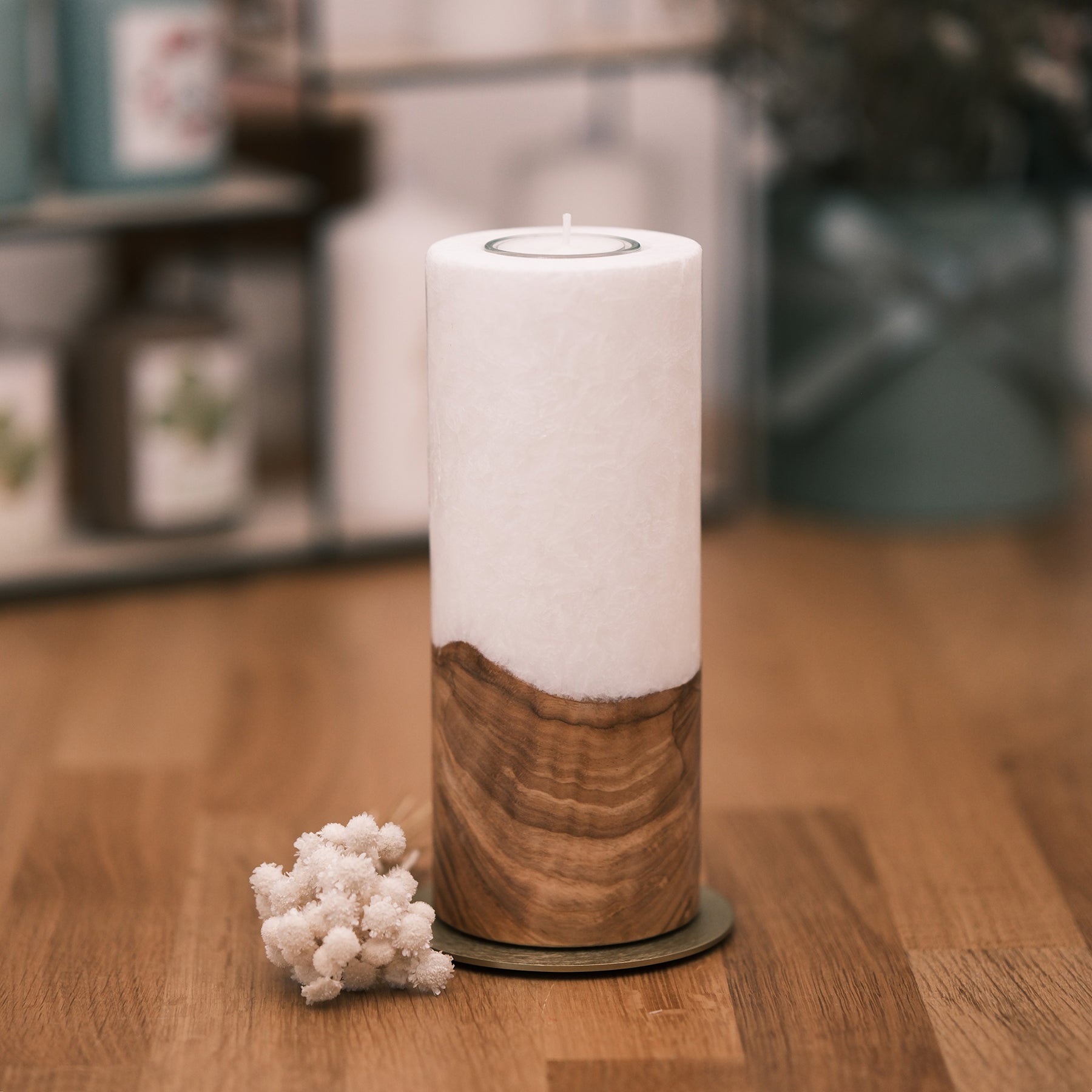 Stumpenkerze mit Holz & Docht oder Teelichteinsatz 20x8cm – Rosis Kerzen