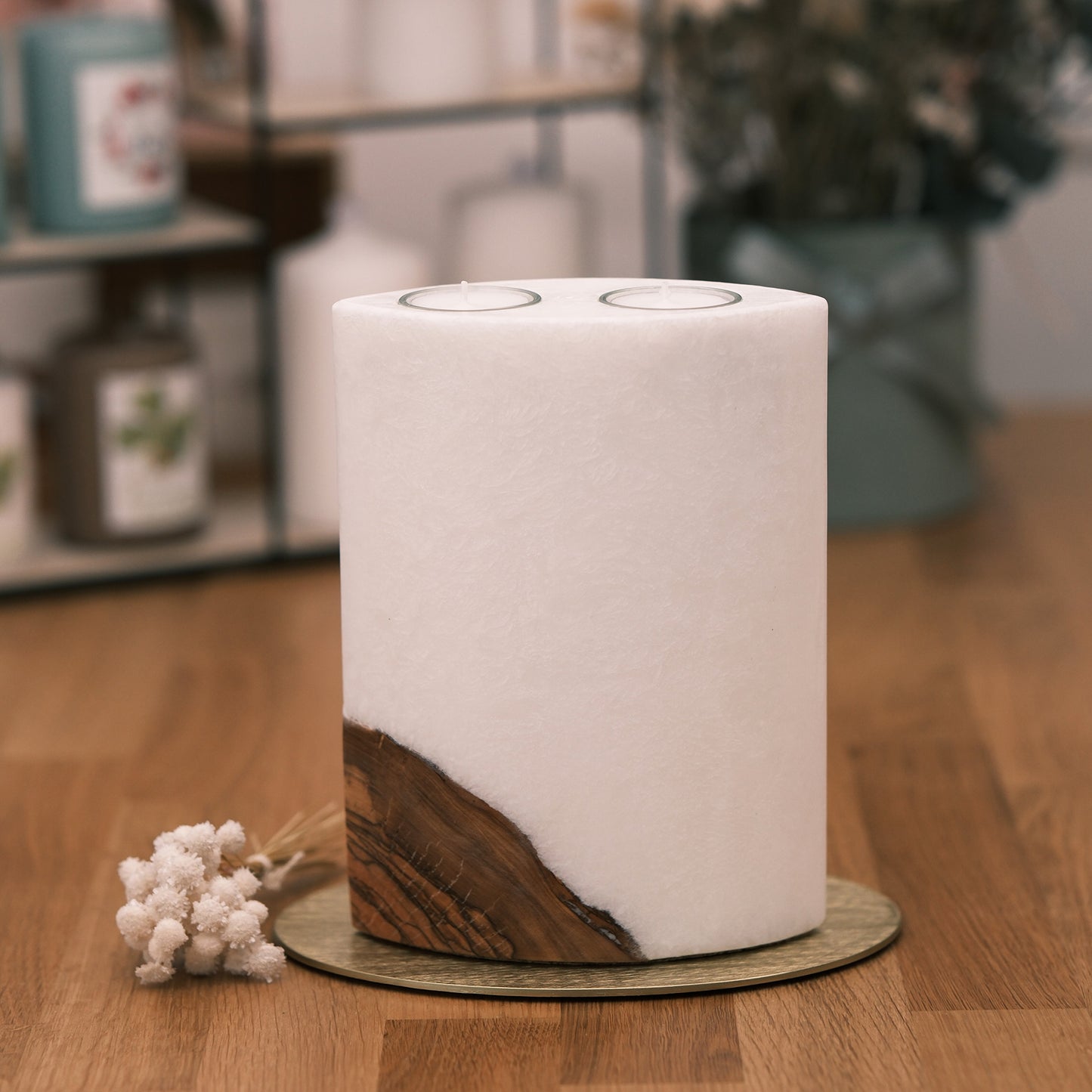 Ovalkerze mit Holz und Teelichteinsätzen 21x14x8cm - Rosis Kerzen