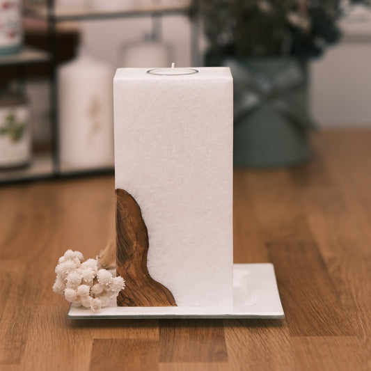 Blockkerze mit Holz und Teelichteinsatz 20x10x7cm - Rosis Kerzen