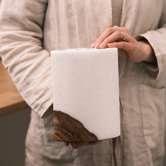 Ovalkerze mit Holz und Teelichteinsätzen 21x14x8cm - Rosis Kerzen