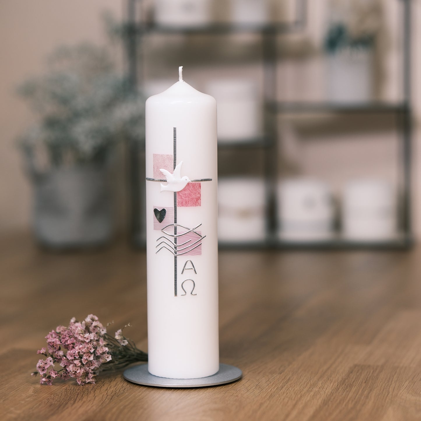 Taufkerze Leonie - Rosis Kerzen rosa / Stumpenkerze 250/60 mm