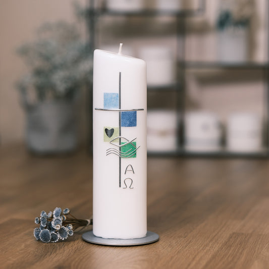 Taufkerze Leonie - Rosis Kerzen grün-blau / Ovalkerze 240/65 mm