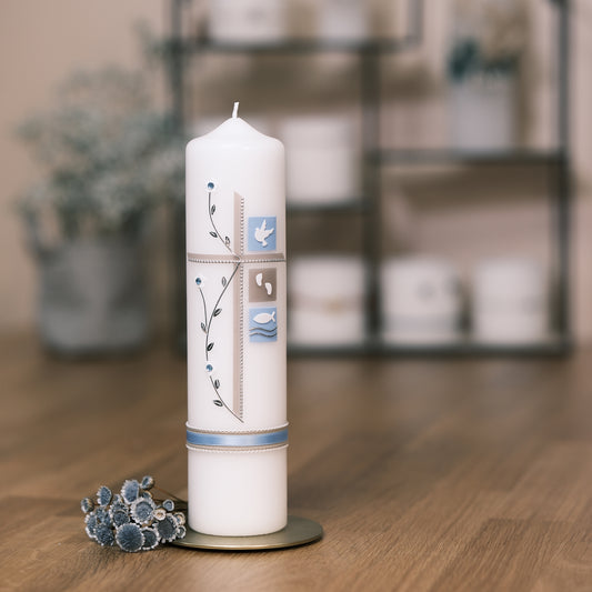 Taufkerze Tamara - Rosis Kerzen blau-braun / Stumpenkerze 250/60 mm
