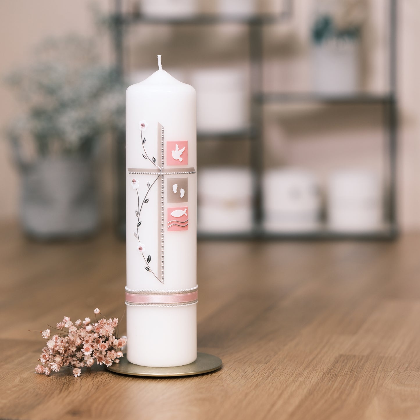 Taufkerze Tamara - Rosis Kerzen rosa-braun / Stumpenkerze 250/60 mm