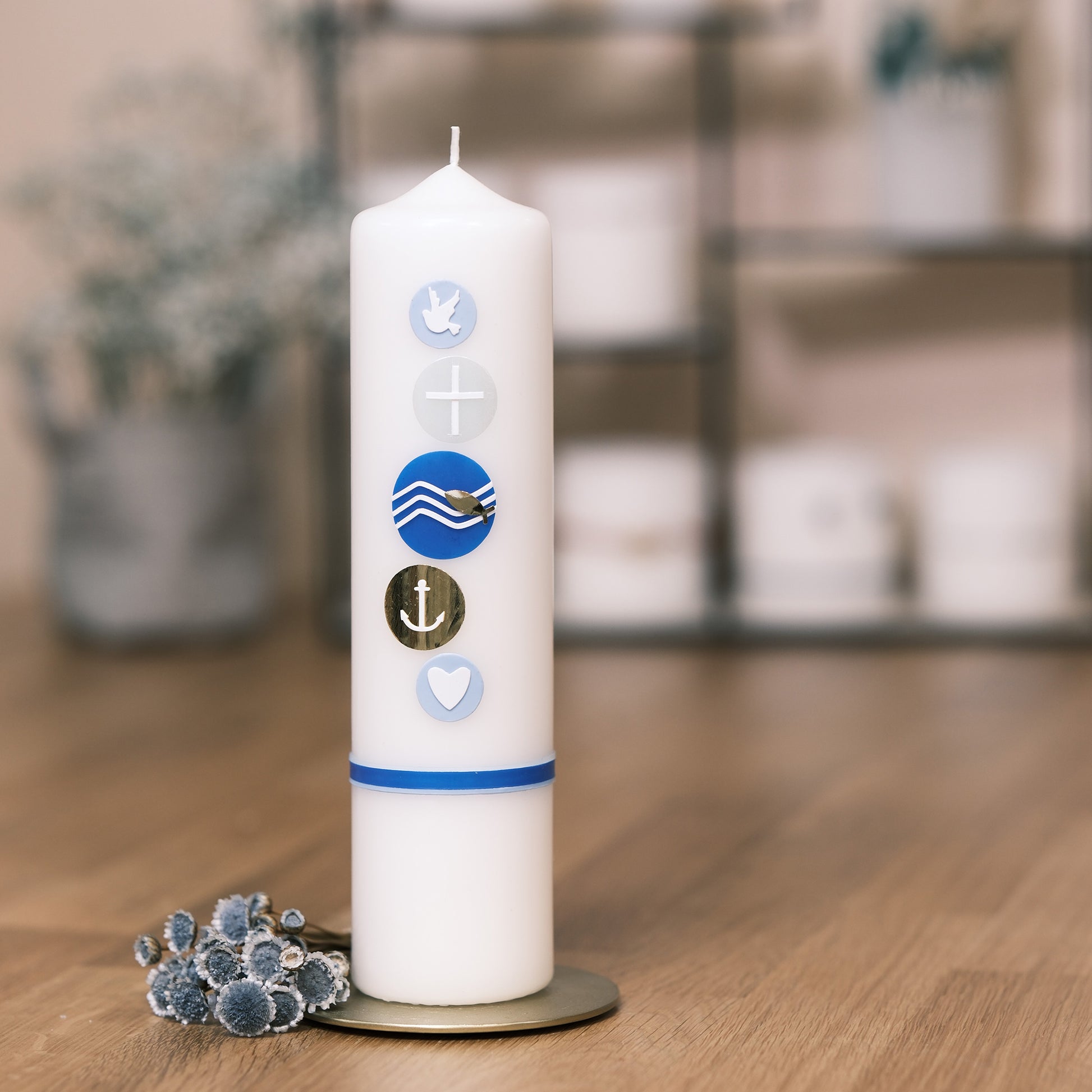 Taufkerze Marie - Rosis Kerzen dunkelblau / Stumpenkerze 250/60 mm