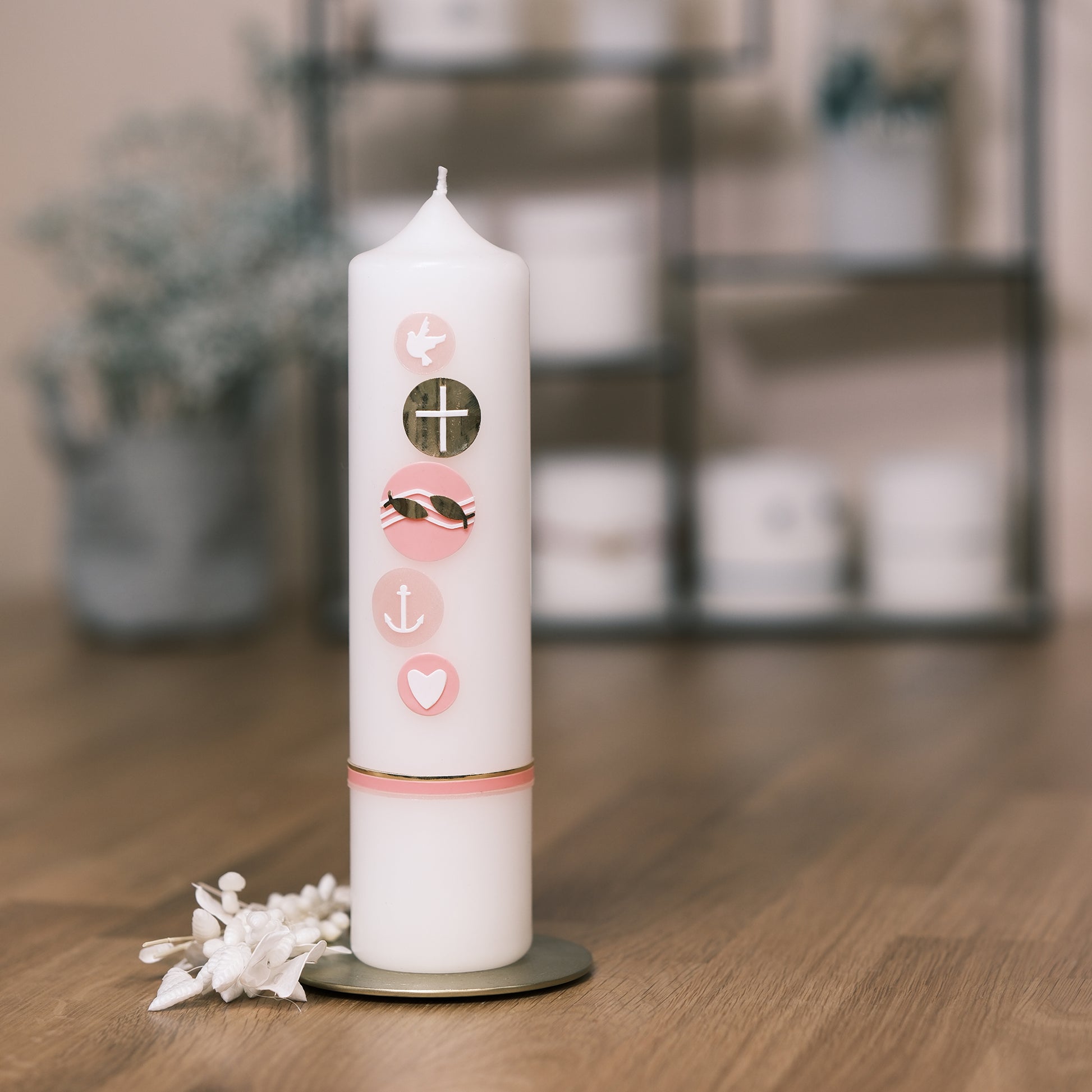 Taufkerze Marie - Rosis Kerzen rosa / Stumpenkerze 250/60 mm