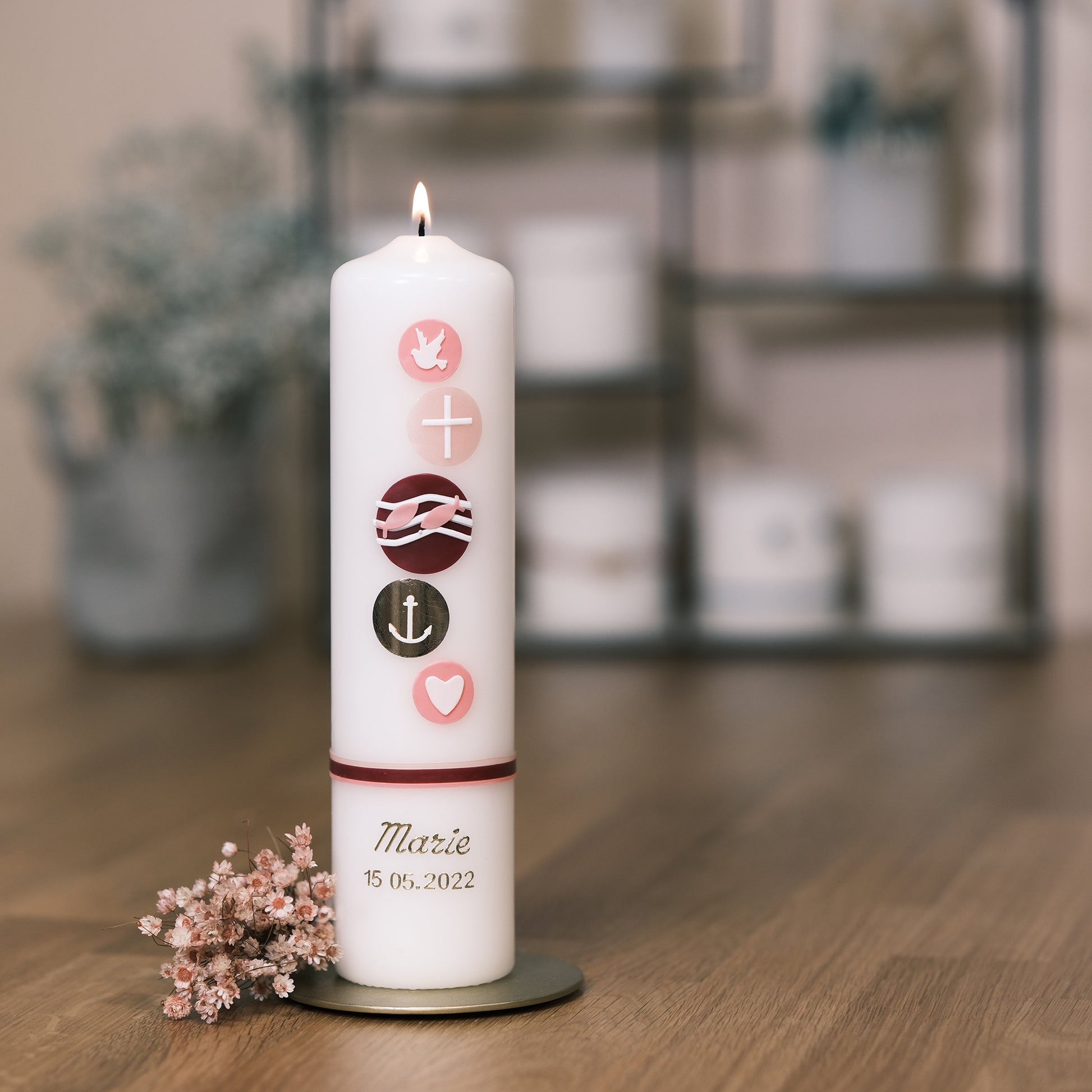 Taufkerze Marie - Rosis Kerzen rosa-rot / Stumpenkerze 250/60 mm