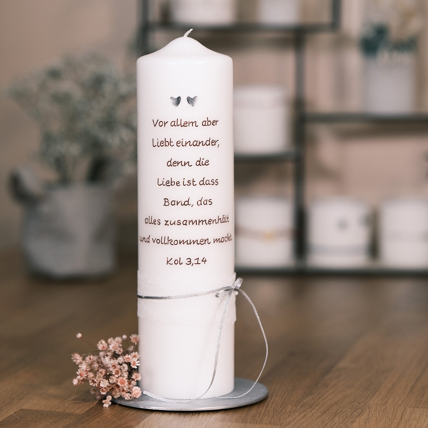 Hochzeitskerze mit Spruch "Vor allem aber liebt einander"