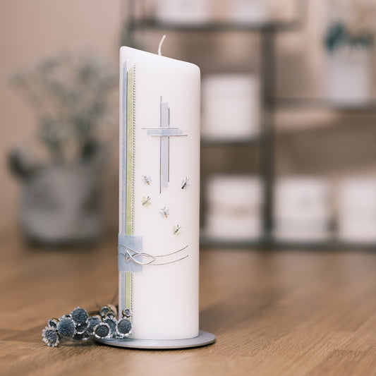 Taufkerze Katharina - Rosis Kerzen blau-grün