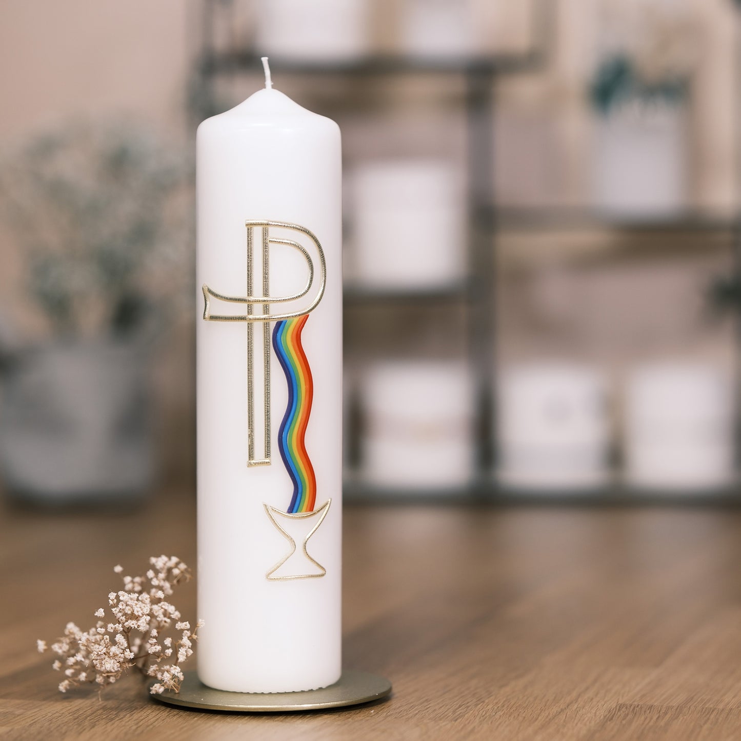 Kommunionkerze Regenbogen mit Kelch