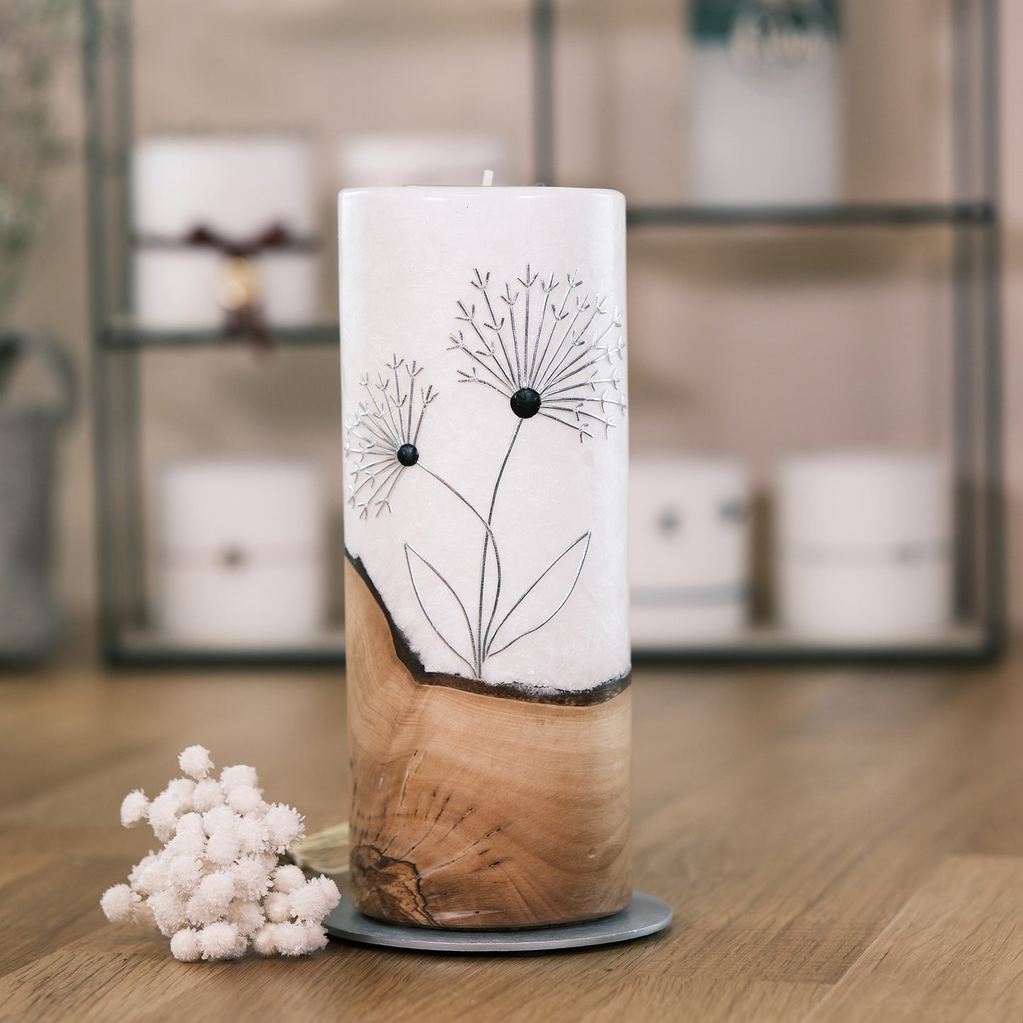 Trauerkerze mit Holzeinlage & Pusteblume (Zylinderkerze)