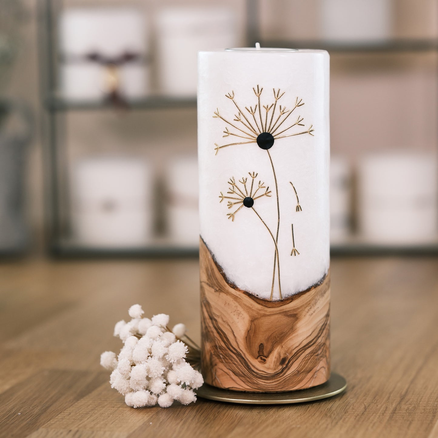 Trauerkerze mit Holzeinlage & Pusteblume (Zylinderkerze)