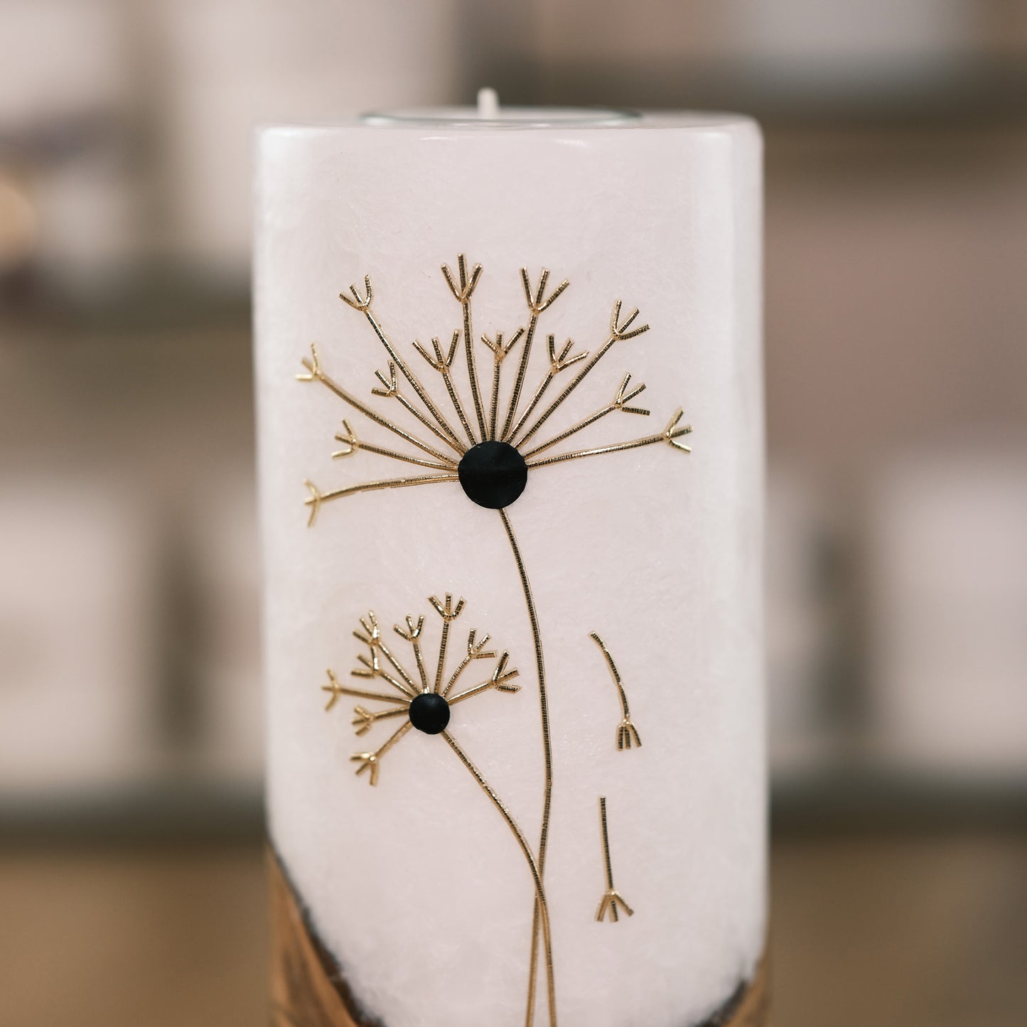 Trauerkerze mit Holzeinlage & Pusteblume (Zylinderkerze)