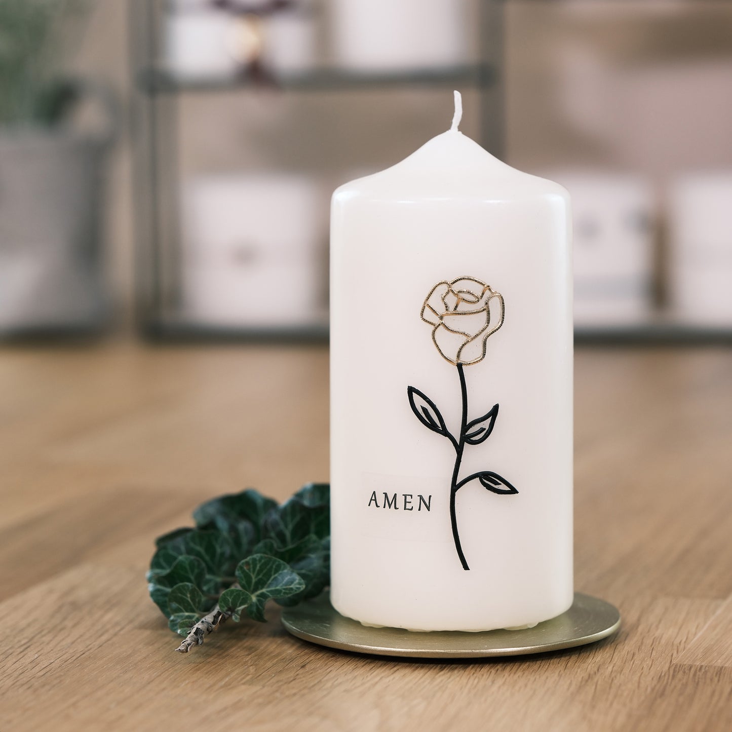 Trauerkerze "Amen mit Rose" - Rosis Kerzen Stumpenkerze 150/80 mm
