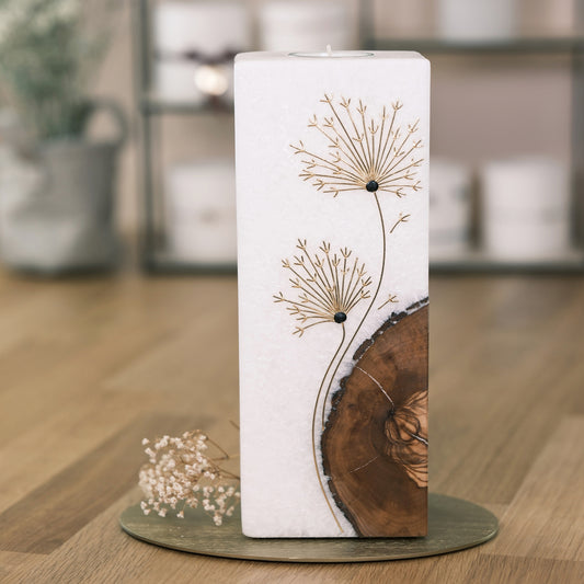 Trauerkerze mit Pusteblume und Holzeinlage - Rosis Kerzen