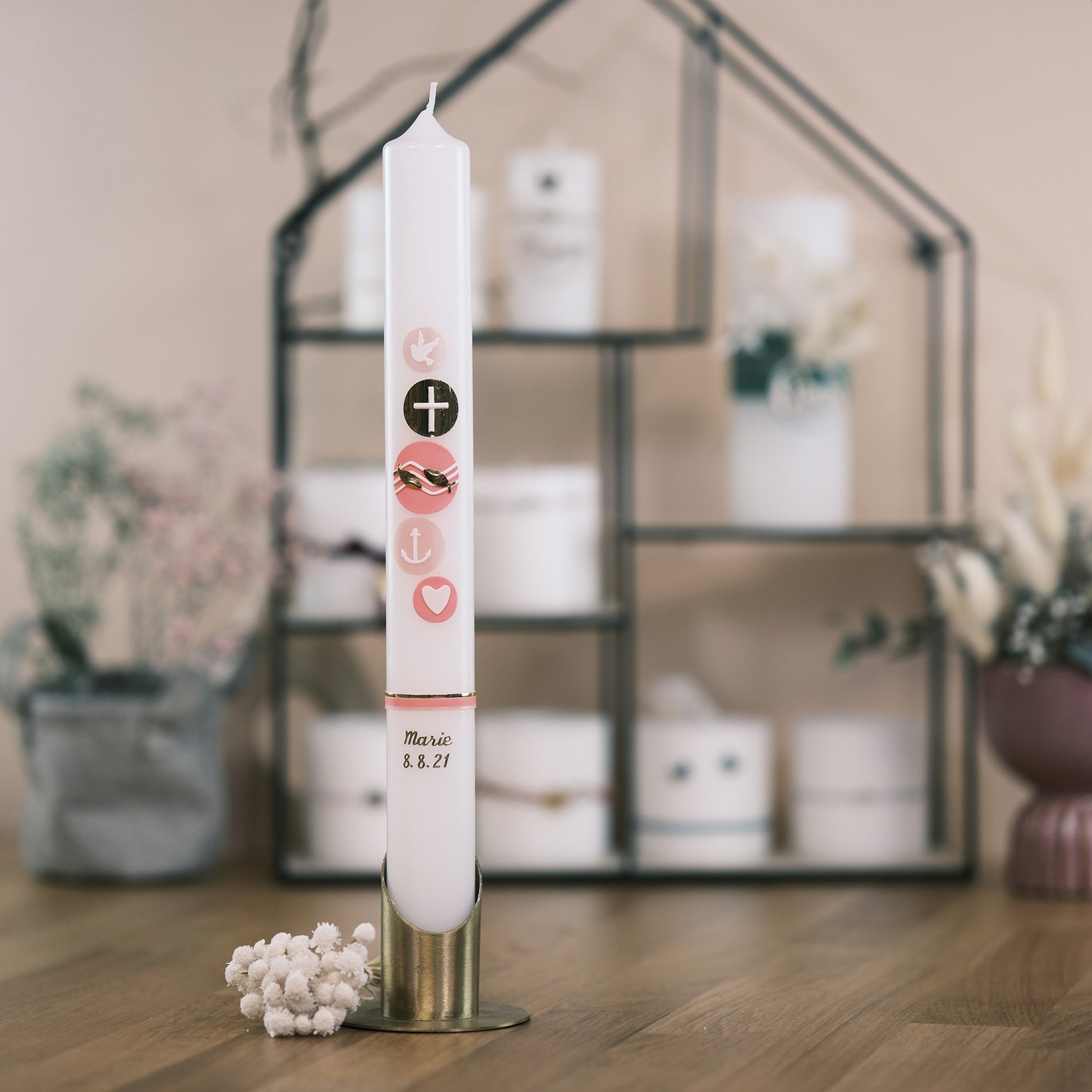 Taufkerze Marie - Rosis Kerzen rosa / Altarkerze 400/40 mm