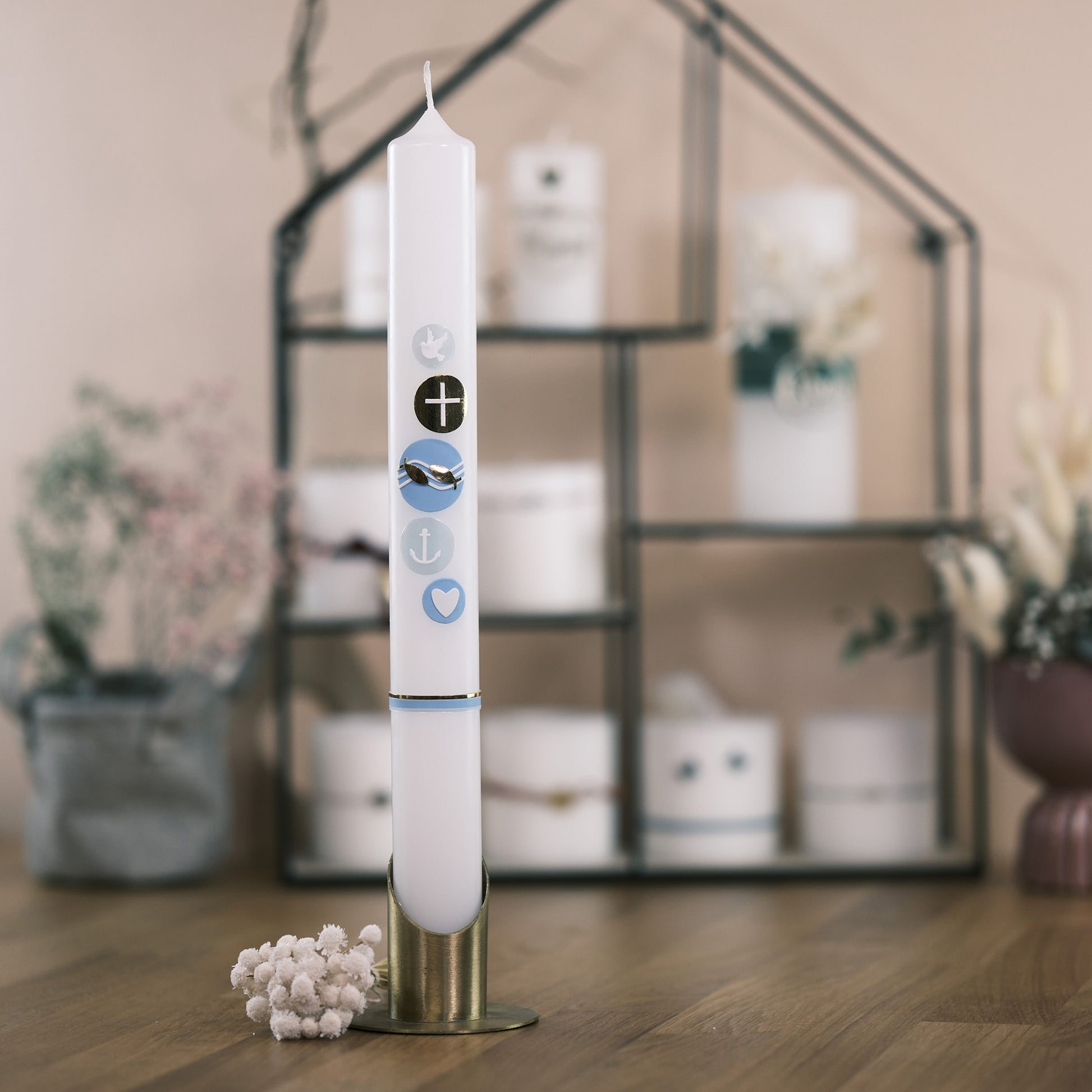 Taufkerze Marie - Rosis Kerzen hellblau / Altarkerze 400/40 mm