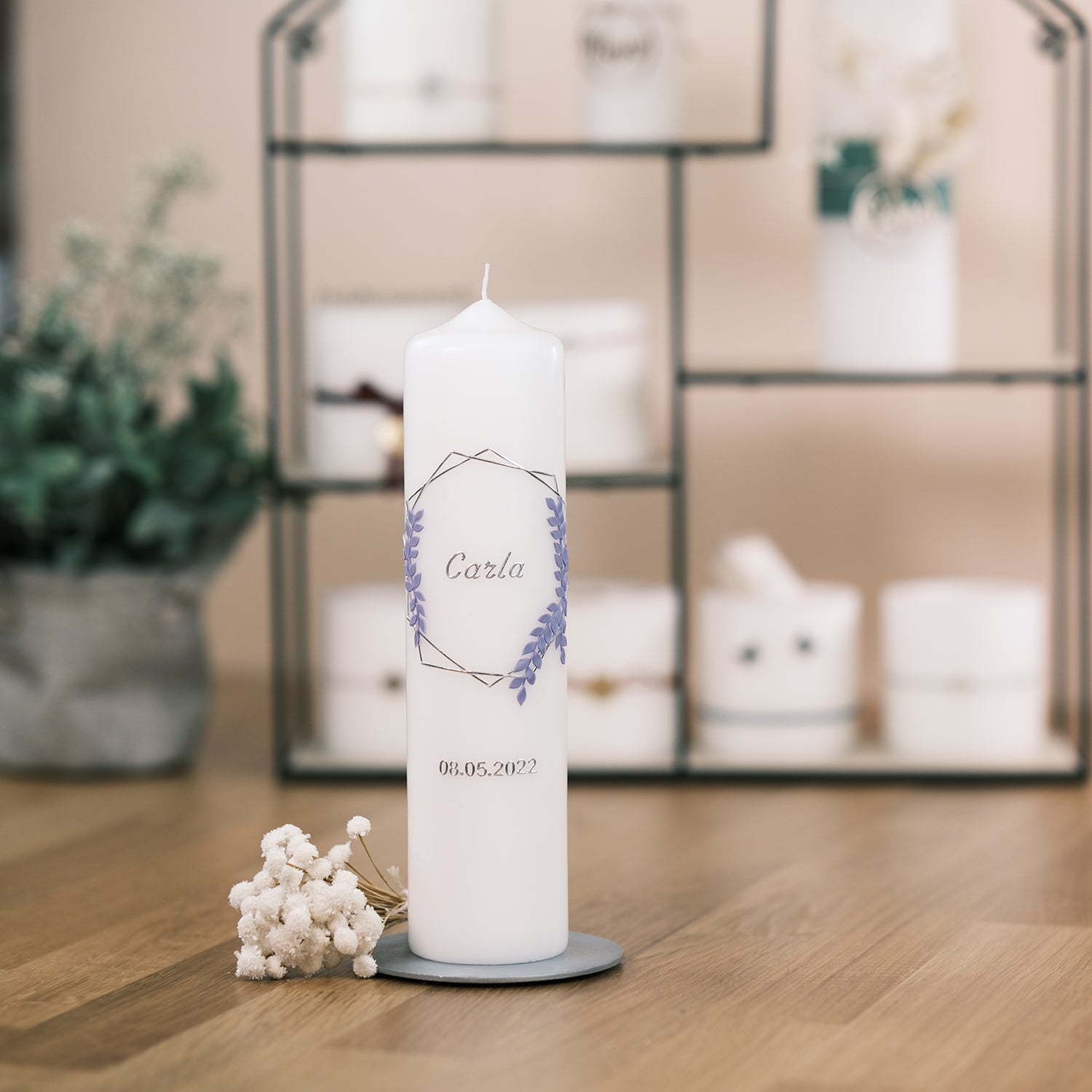 Moderne Taufkerze für Jungen und Mädchen – Rosis Kerzen