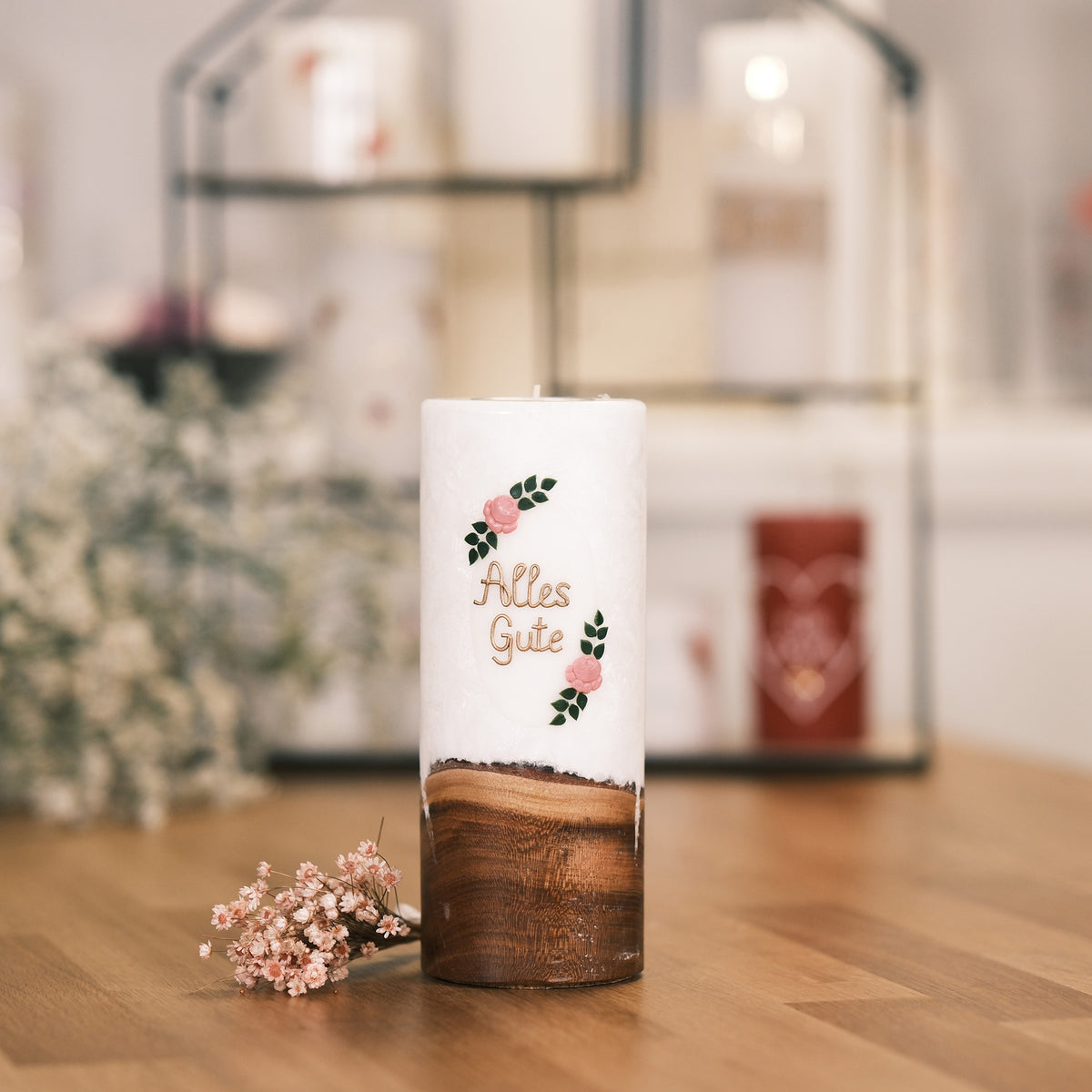 Alles Gute mit Holzeinlage – Rosis Kerzen